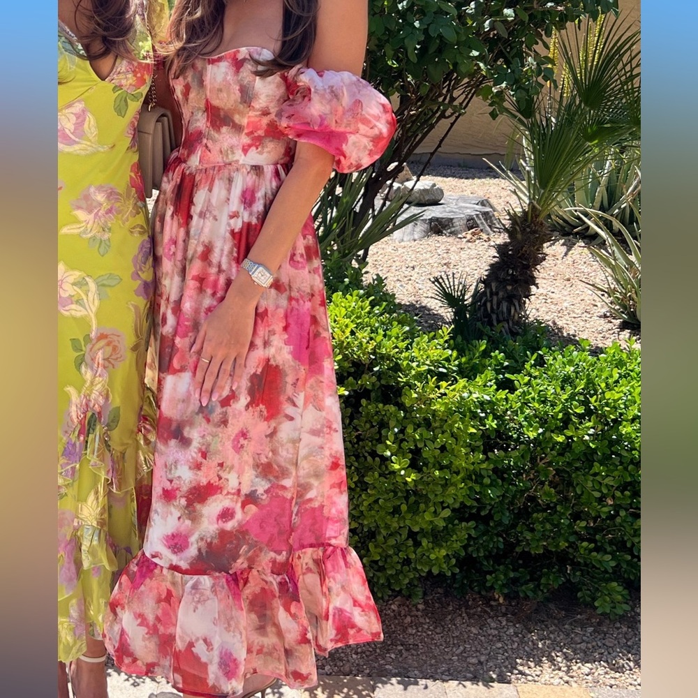 Floral Corset Puff Sleeve Midi Dress